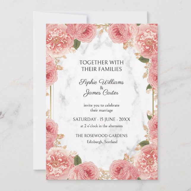 Faire-part de mariage en marbre rose corail (Devant)