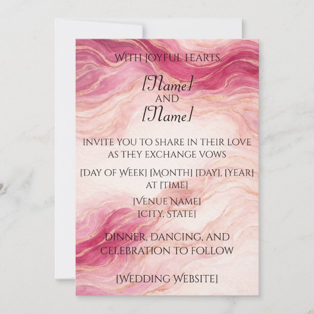 Faire-part de mariage en marbre rose et or (Devant)