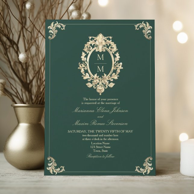 Faire-part de mariage en or baroque vert émeraude (Créateur téléchargé)