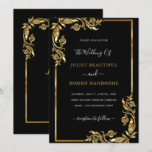 Faire-part de mariage en or noir encadré de feuill