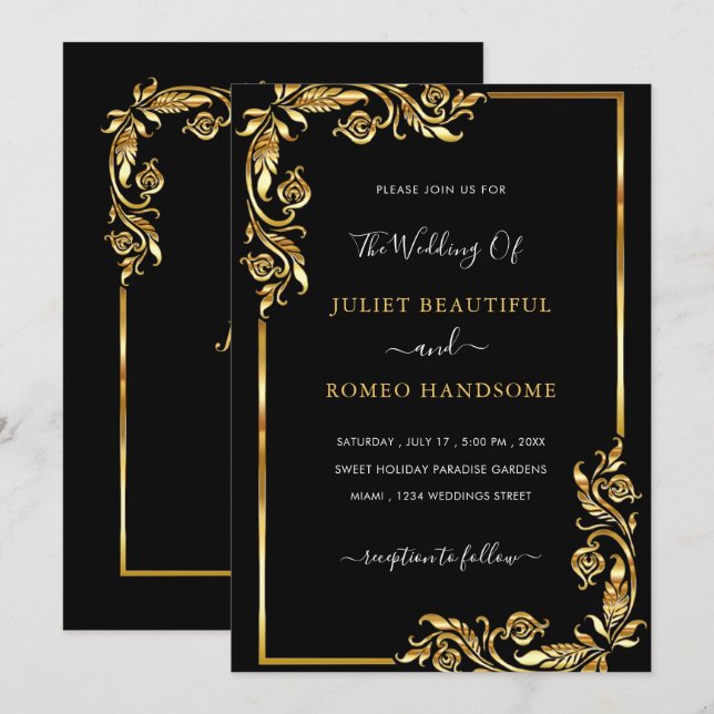 Faire-part de mariage en or noir encadré de feuill (Devant / Derrière)