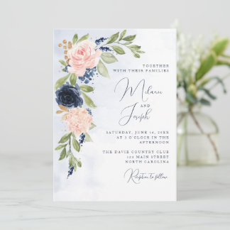 Faire-part de mariage en or rose bleu marine