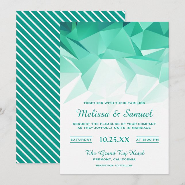 Faire-part de mariage en origami géométrique vert  (Devant / Derrière)