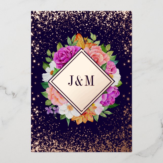 Faire-part de mariage en papier d'aluminium or ros (Recto)