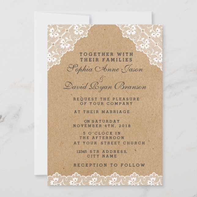 Faire-part de mariage en papier dentelle vintage (Devant)