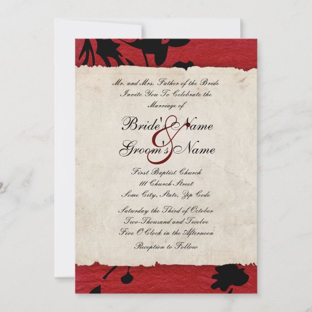 Faire-part de mariage en papier rouge et noir déch (Devant)