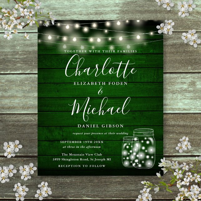 Faire-part de mariage en pots Mason en bois vert (Budget Green Wood Mason Jars Wedding Invitation)