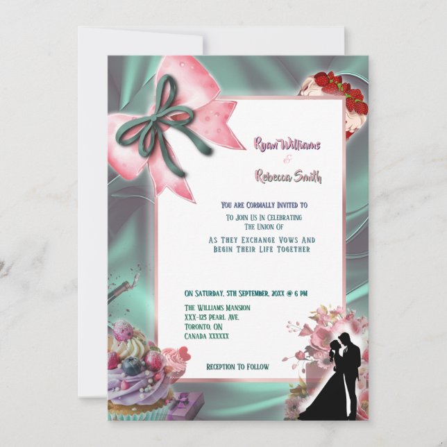 Faire-part de mariage en satin sarcelle et ruban r (Devant)