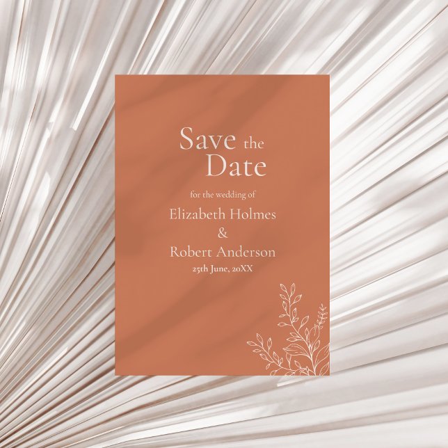Faire-part de mariage en terre cuite foncée botani (Dark Terracotta Botanical Save the Date Invitation on a sunny dry palm leaf.)