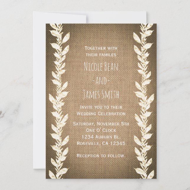 Faire-part de mariage en toile de jute et feuilles (Devant)