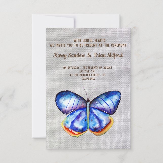 Faire-part de mariage en toile Papillon Bleu (Dos)