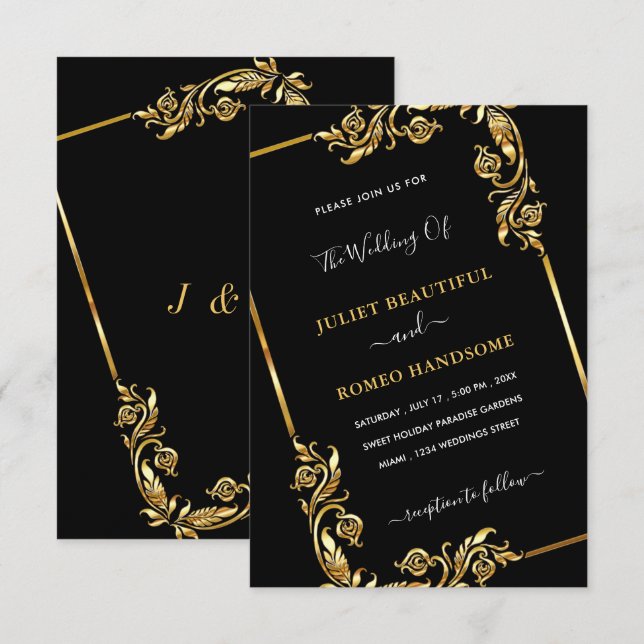 Faire-part de mariage encadrée noir et or (Devant / Derrière)
