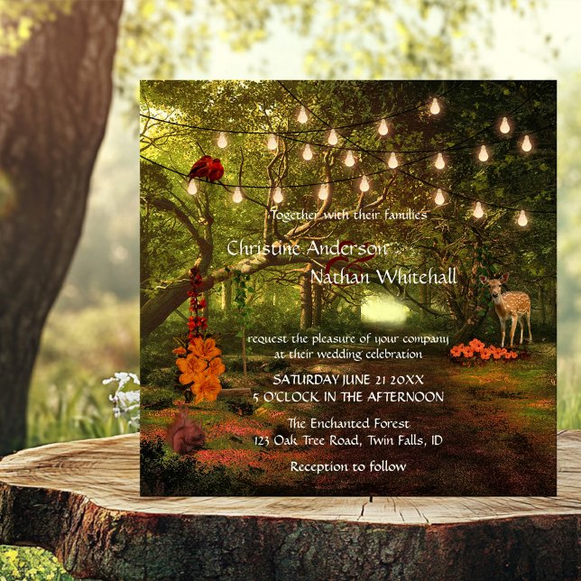 Faire-part de mariage Enchantée (Wedding invitation featuring an enchanted fairy tale like forest with string lights)