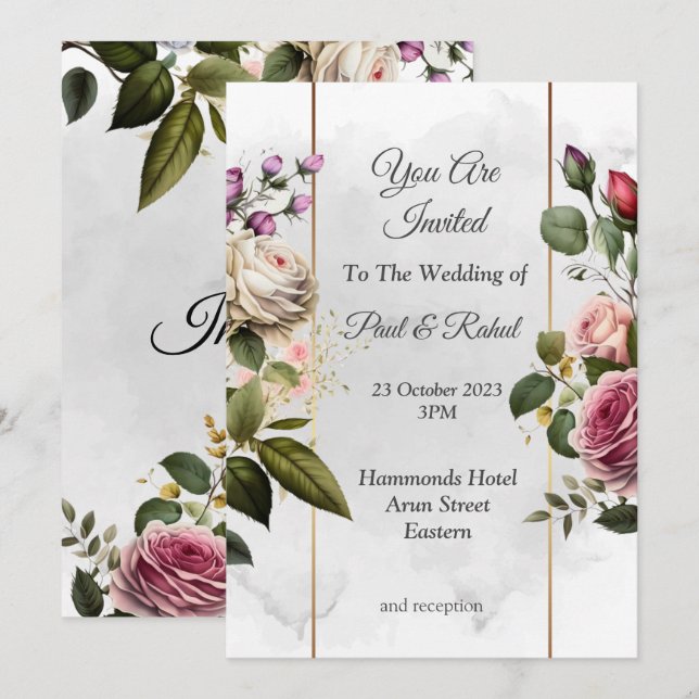 Faire-part de mariage époustouflant, floral rose/b (Devant / Derrière)