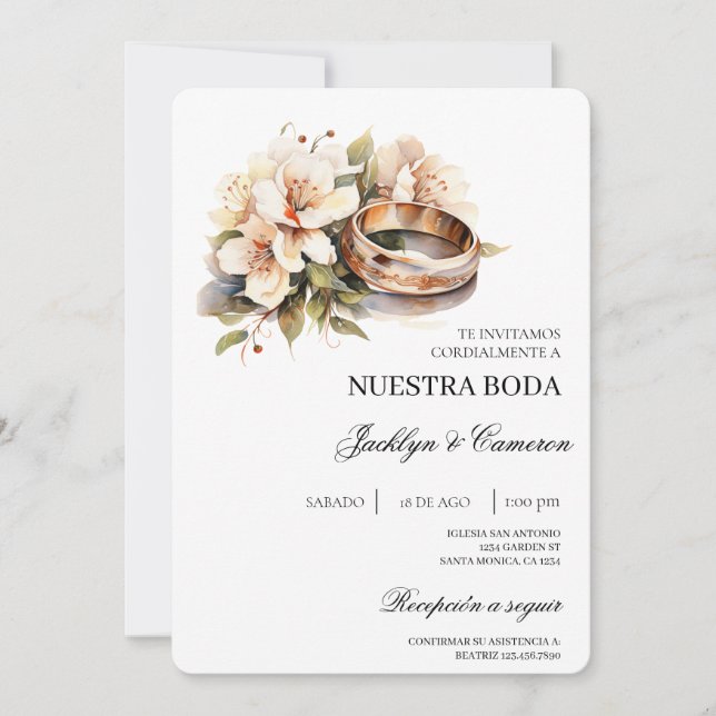 Faire-part de mariage espagnol avec fleurs blanche (Devant)