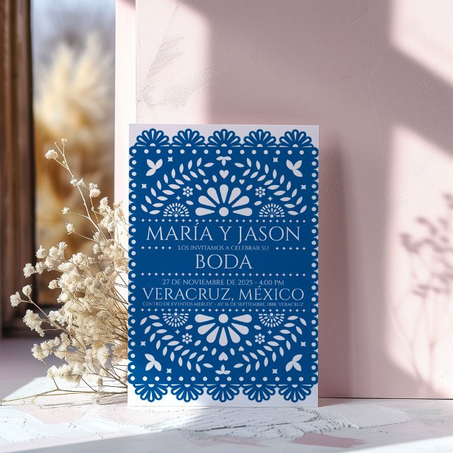 Faire-part de mariage espagnol Boda Papel Picado b (Papel Picado Blue Folk Art Boda Spanish Wedding Invitation)
