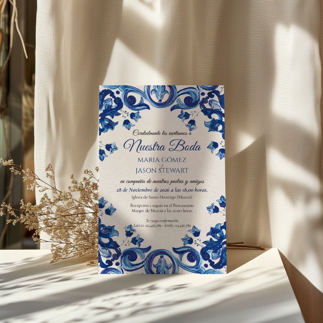Faire-part de mariage espagnol Boda Talavera Majol (Blue Talavera Majolica Floral Boda Spanish Wedding Invitation)