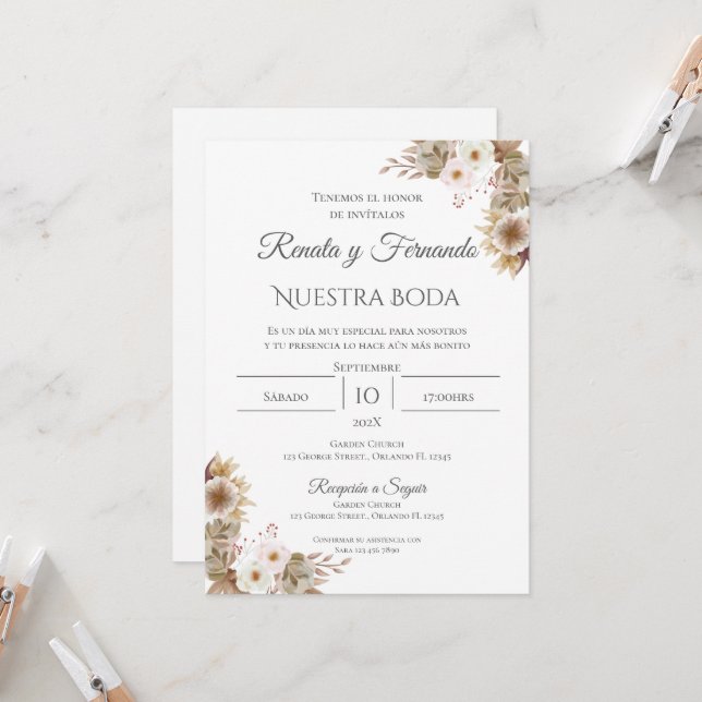 Faire-part de mariage espagnol Boho (Devant/Arrière en situation)