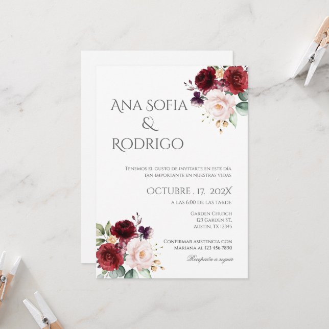 Faire-part de mariage espagnol Boho (Devant/Arrière en situation)