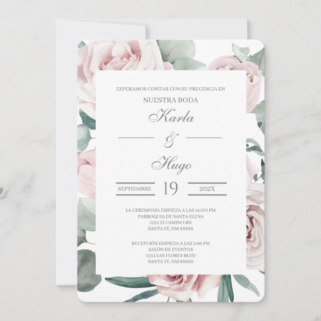 Faire-part de mariage espagnol fleuri et verdoyant (Devant)