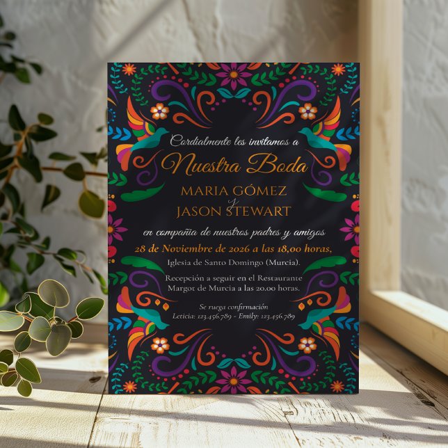Faire-part de mariage espagnol Nuestra Boda floral (Black Colorful Floral Nuestra Boda Spanish Wedding Invitation)