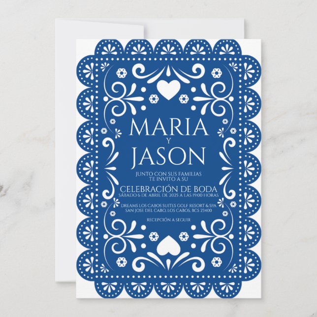 Faire-part de mariage espagnol Papel Picado bleu b (Devant)