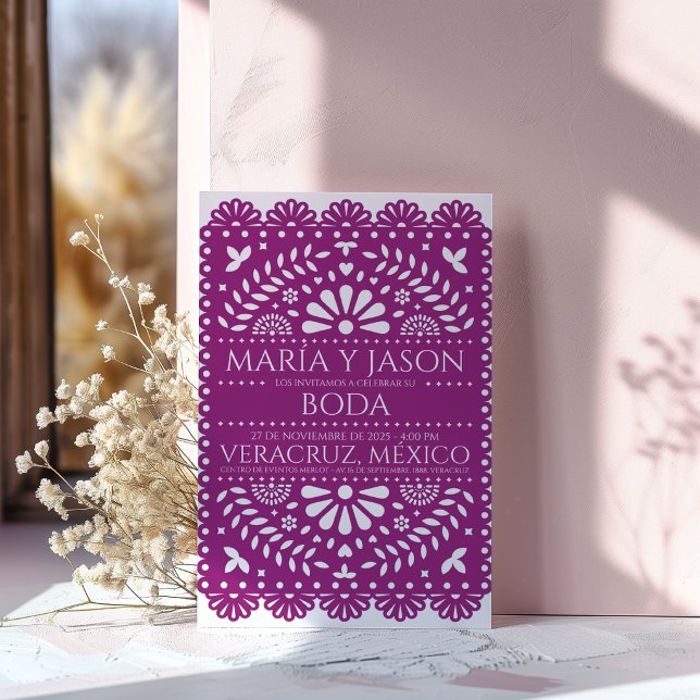 Faire-part de mariage espagnol Papel Picado Magent (Papel Picado Magenta Folk Art Boda Spanish Wedding Invitation)