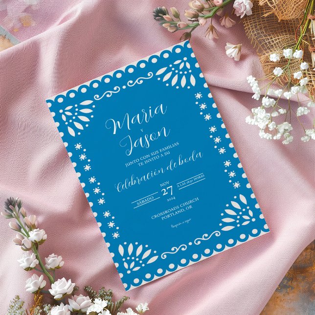 Faire-part de mariage espagnol traditionnel Boda P (Blue Papel Picado Traditional Boda Spanish Wedding Invitation)