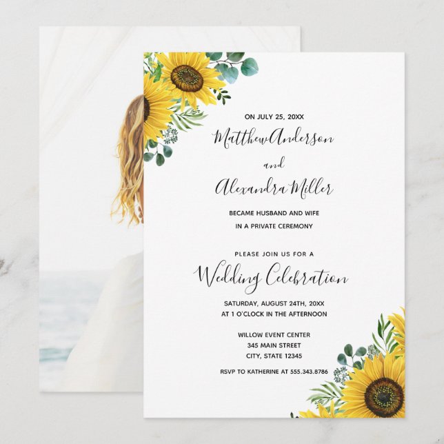Faire-part de mariage et réception aux tournesols (Devant / Derrière)