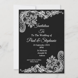 Faire-part de mariage étonnant, noir et blanc lace