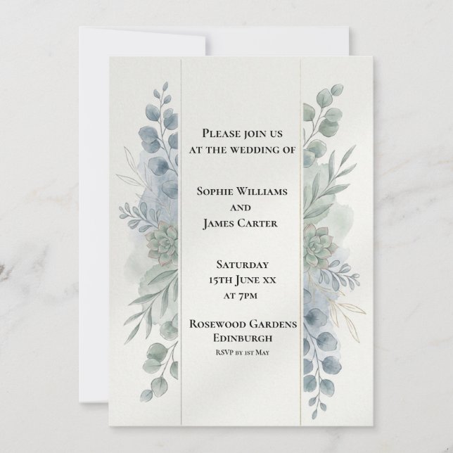 Faire-part de mariage Eucalyptus Bleu Argent (Devant)
