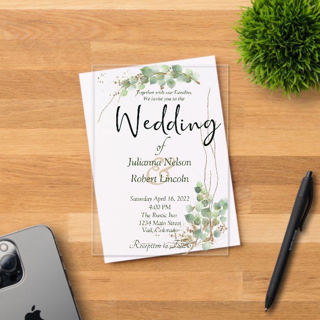 Faire-part de mariage eucalyptus et or (Insitu (Carte d'invitation))