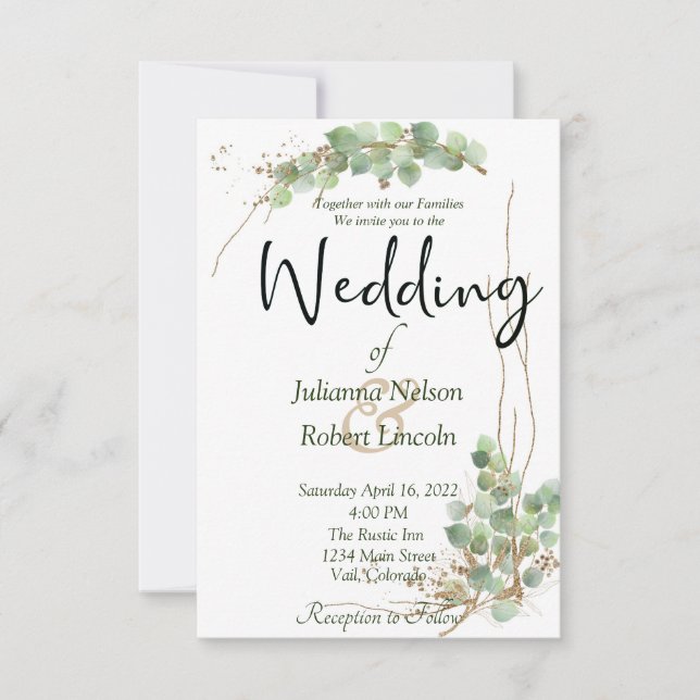 Faire-part de mariage eucalyptus et or (Devant)