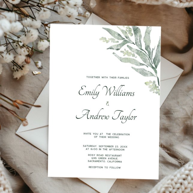Faire-part de mariage eucalyptus minimaliste (Elegant minimalistic watercolor eucalyptus green invitation, perfect for weddings)