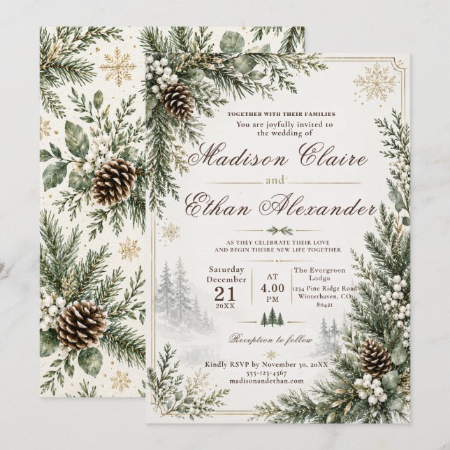 Faire-part de mariage Evergreen hivernal (Devant / Derrière)