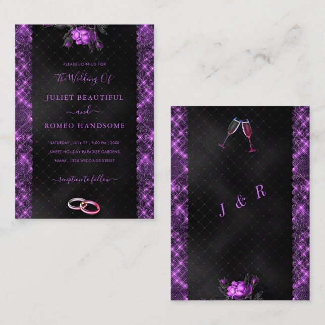Faire-part de mariage exemple violet noir pailleté (Devant / Derrière)