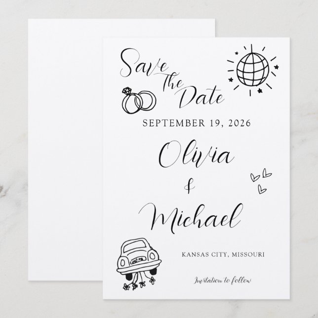Faire-part de mariage fantaisiste avec des icônes  (Devant / Derrière)