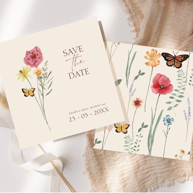 Faire-part de mariage fantaisiste Fleur sauvage ro (Simple Pink Yellow Wildflower Whimsical Wedding Save the Date Card)
