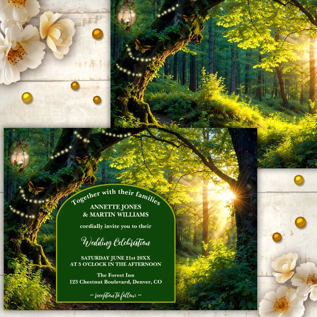 Faire-part de mariage Festif Enchanted Forest (Elegant wedding invitation showing a path in an enchanted forest with festive lights and butterflies)