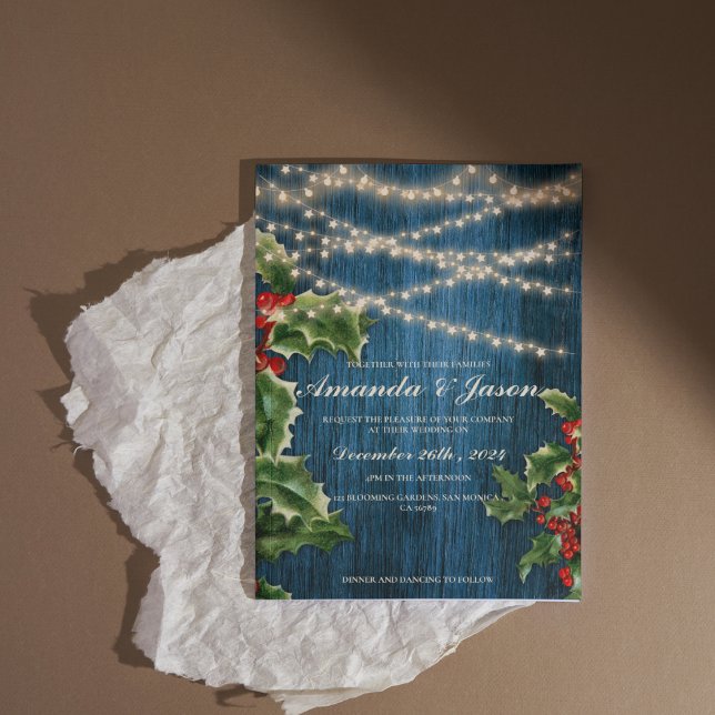 Faire-part de mariage festif Rustique Blue Wood Be (Rustic Blue Wood Berry Festive wedding Invitation)