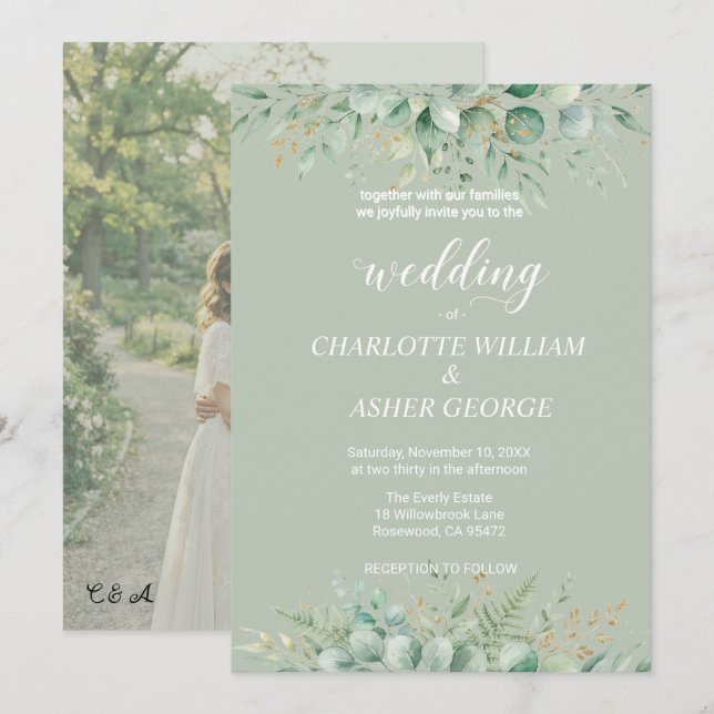 Faire-part de mariage Feuillage d'eucalyptus Vert  (Devant / Derrière)