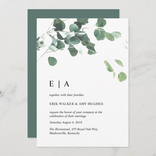 Faire-part de mariage feuille aquarelle (Devant / Derrière)