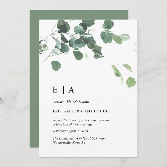 Faire-part de mariage feuille aquarelle (Devant / Derrière)