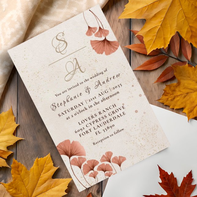 Faire-part de mariage feuille de ginkgo en terre c (Créateur téléchargé)