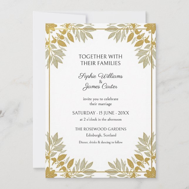 Faire-part de mariage feuille d'olive dorée Sage (Devant)