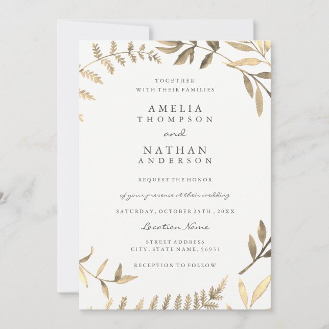 Faire-part de mariage feuille d'or moderne (Devant)