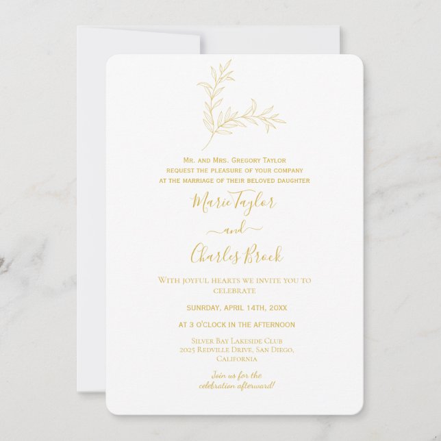 Faire-part de mariage feuille minimale en or (Devant)