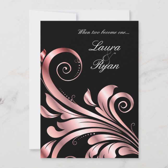 Faire-part de mariage feuille rose noire (Devant)