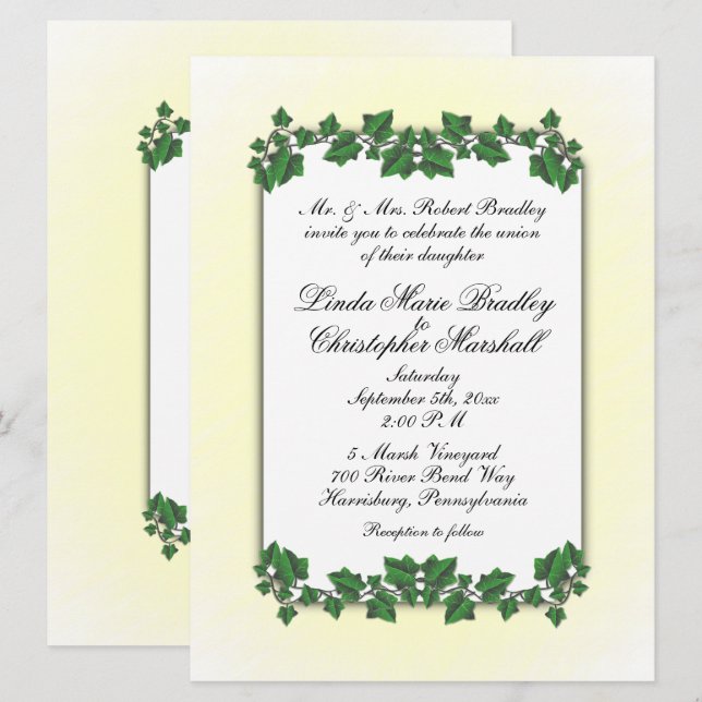 Faire-part de mariage Feuille vert et crème jaune (Devant / Derrière)