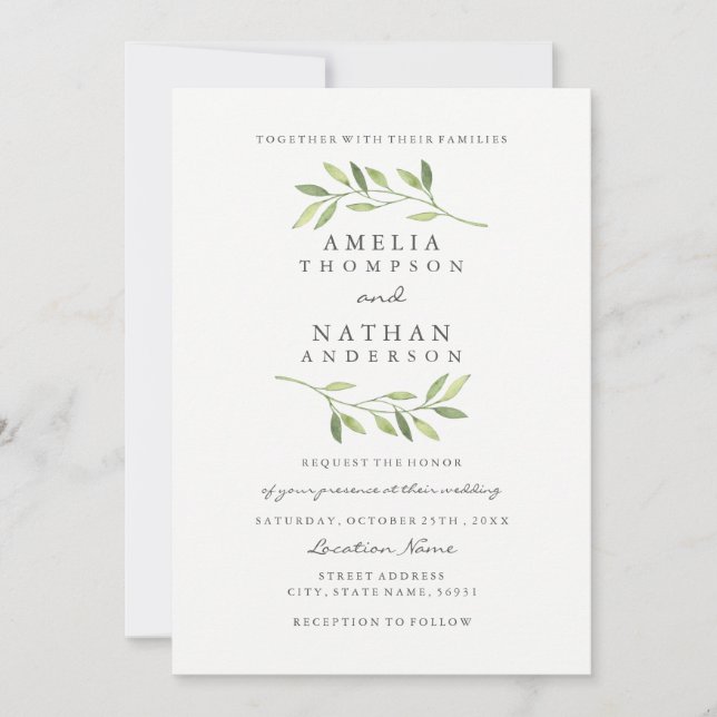 Faire-part de mariage feuille verte aquarelle (Devant)